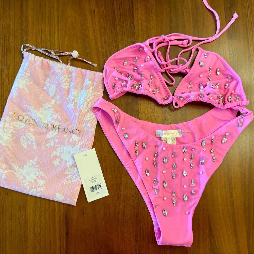LoveShackFancy Pink Embellished Bikini